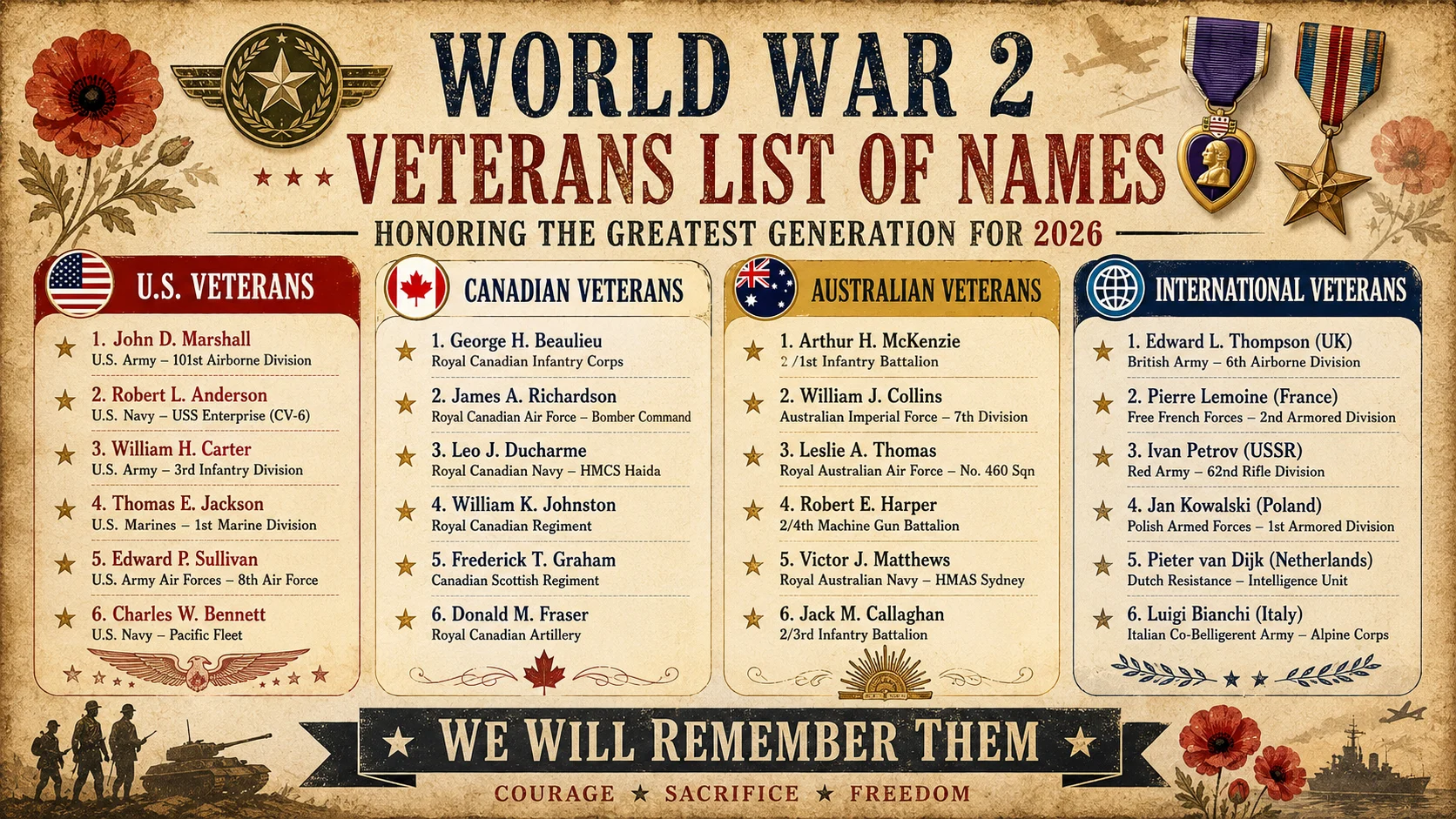 world war 2 veterans list of names